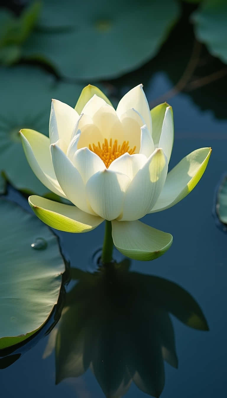 Flower 壁紙 — 一朵純潔的白蓮花在深色水面上盛開，金色雄蕊，周圍環繞著綠色荷葉。