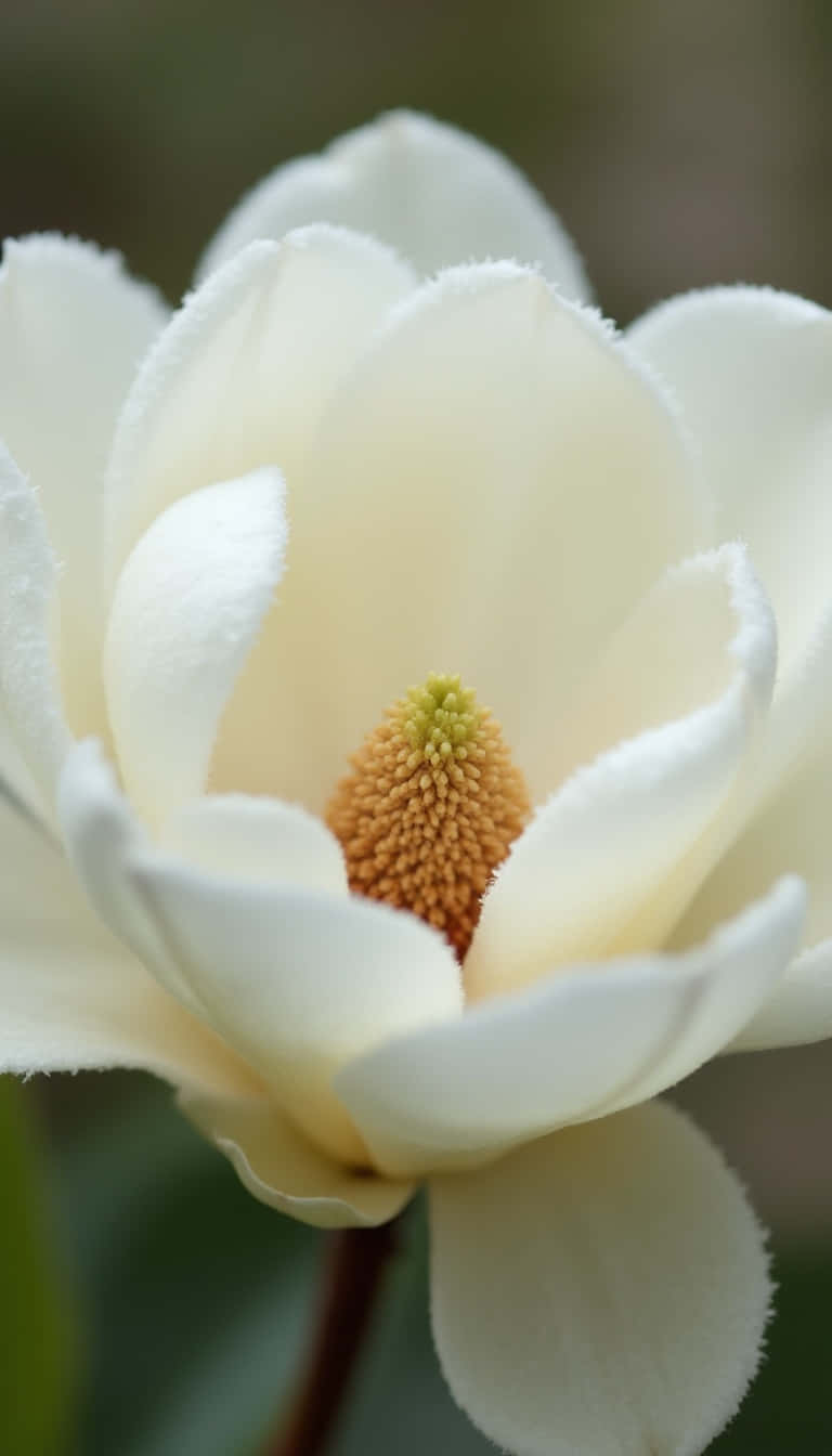 Flower 壁紙 — 一朵純白木蘭花的特寫，花瓣柔軟毛絨，金色花蕊質感豐富，背景是模糊的綠色。