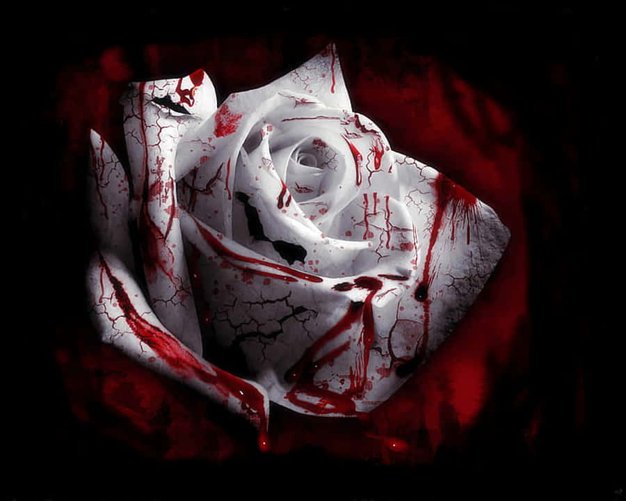 Roses 桌布 壁紙 — 一朵純白玫瑰，帶有鮮紅血漬和裂紋，襯托在深紅背景上。
