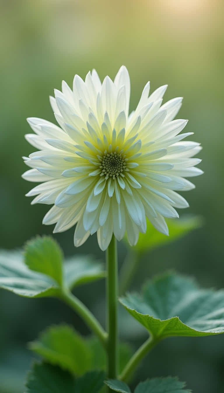 Flower 壁紙 — 一朵純白的大麗花，帶有淡黃色的花心，在模糊的綠色花園背景下柔和地綻放。