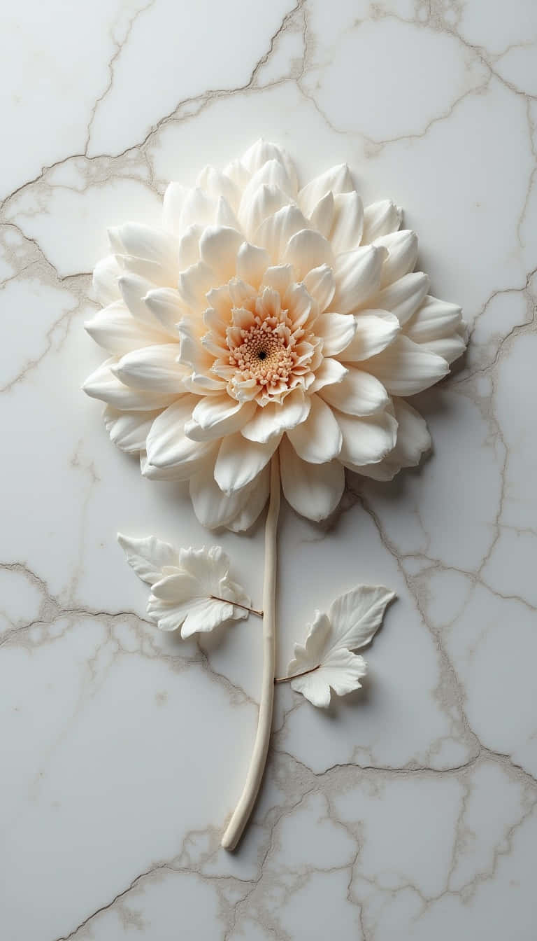 Flower 壁紙 — 一朵純白的大麗花，帶有蜜桃色花心，放在帶有紋理的大理石表面上，伴隨著兩片雕刻的葉子。