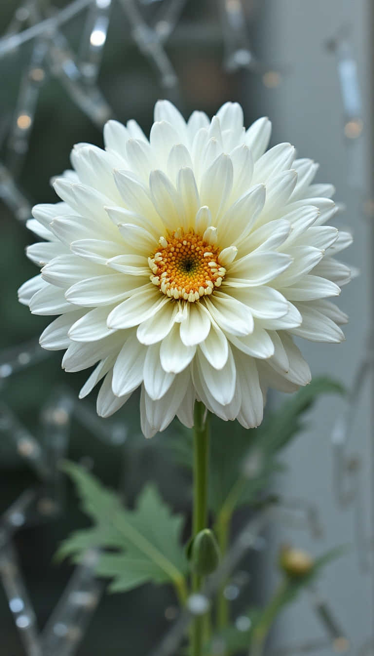 Flower 壁紙 — 一朵純白的大麗花，帶有金色花心，在柔和模糊的閃爍仙女燈背景下盛開。