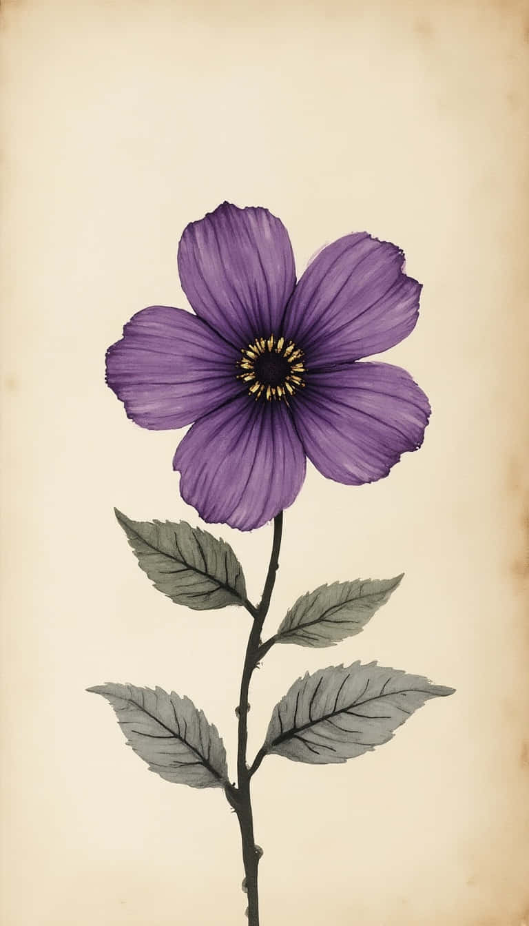 Flower 壁紙 — 一朵紫色花，黃色花心，灰色葉子，在復古米色背景上。