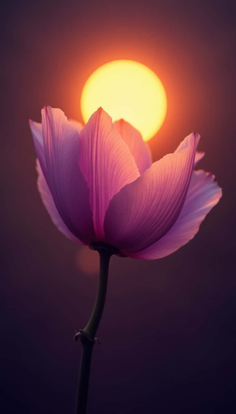 Flower 壁紙 — 一朵紫色蓮花在深紫色天空下，襯著發光的橙色太陽盛開。