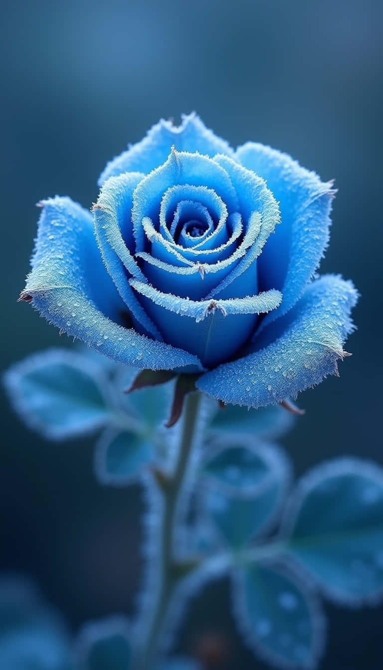 Flower 壁紙 — 一朵結霜的藍玫瑰，帶著露珠，在模糊的冷藍色背景上閃閃發光。