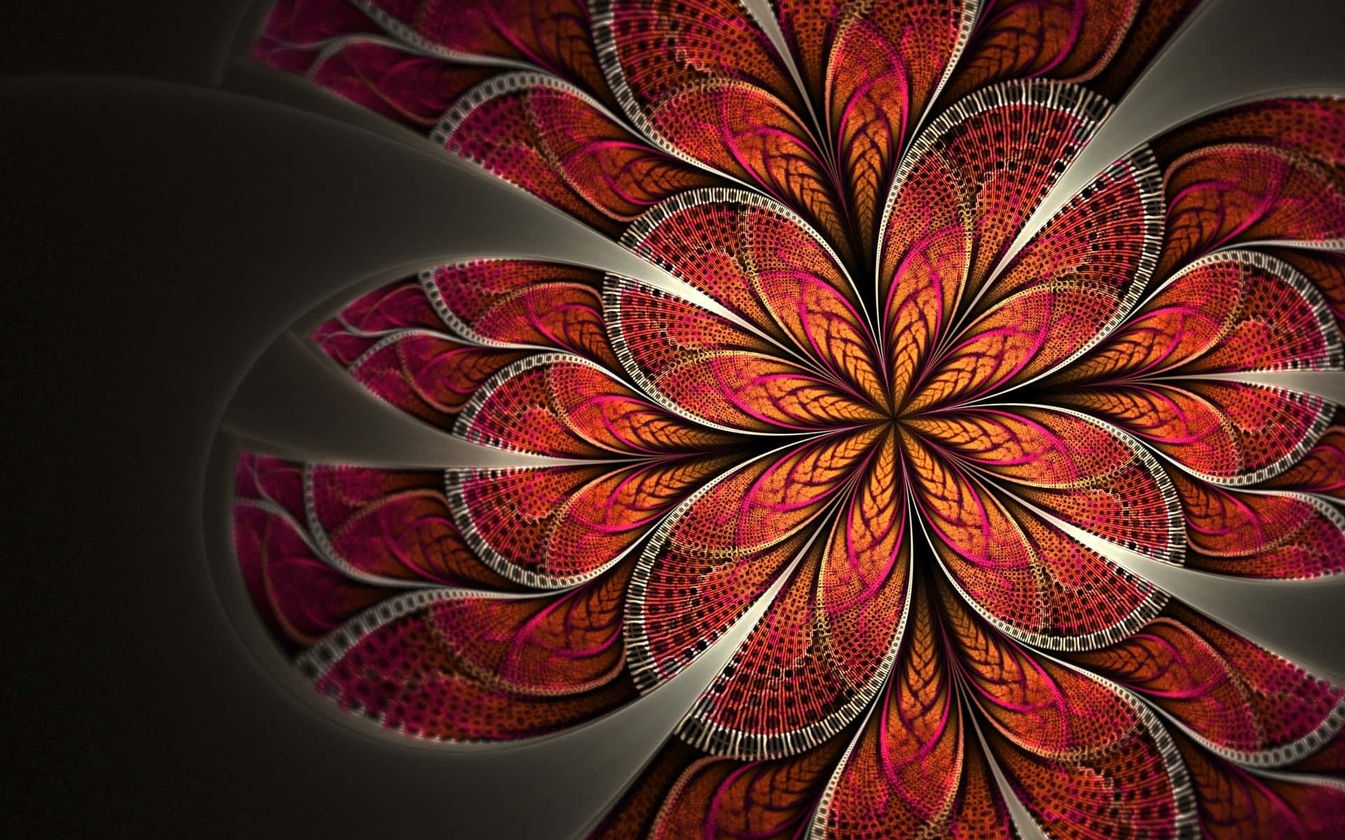 Trippy Fractals 桌布 壁紙 — 一朵絢麗的分形花朵，帶有複雜的紅色、橙色和洋紅色花瓣，在深色背景上向外螺旋展開。