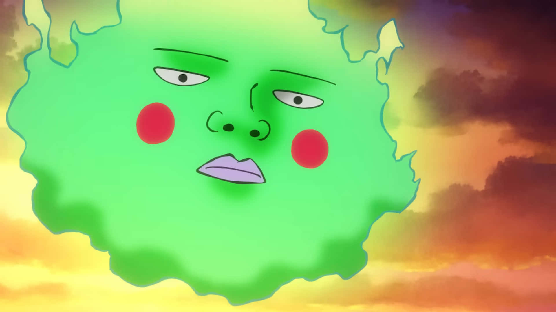 Mob Psycho 100 Ekubo 桌布 壁紙 — 一朵綠色卡通雲，帶著不高興的表情和紅色臉頰，漂浮在火紅的日落天空前。