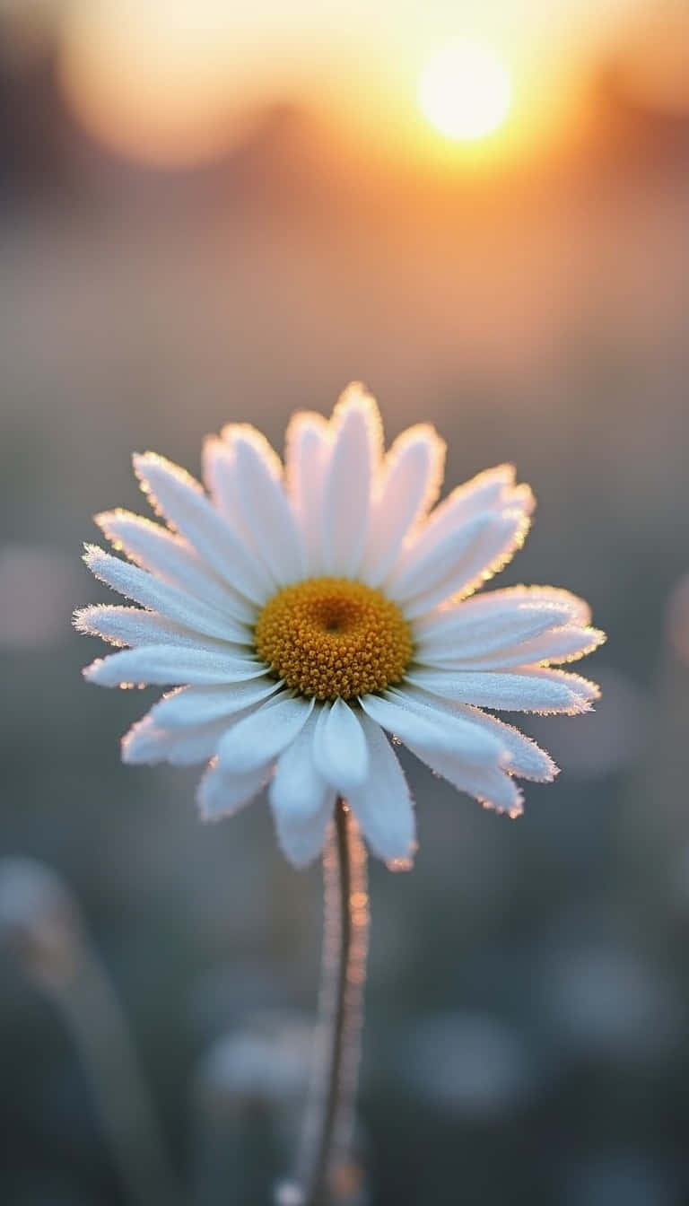 Flower 壁紙 — 一朵花瓣上結霜的雛菊，在模糊的金色日落背景下柔和地發光。