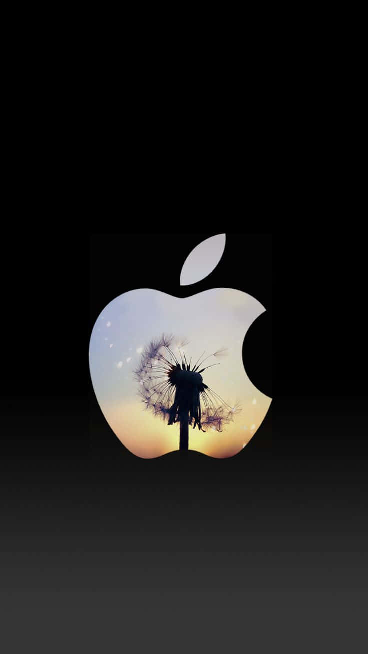 桌布 壁紙 — 一朵蒲公英剪影在發光的Apple標誌內綻放，背景是深色漸變天空。