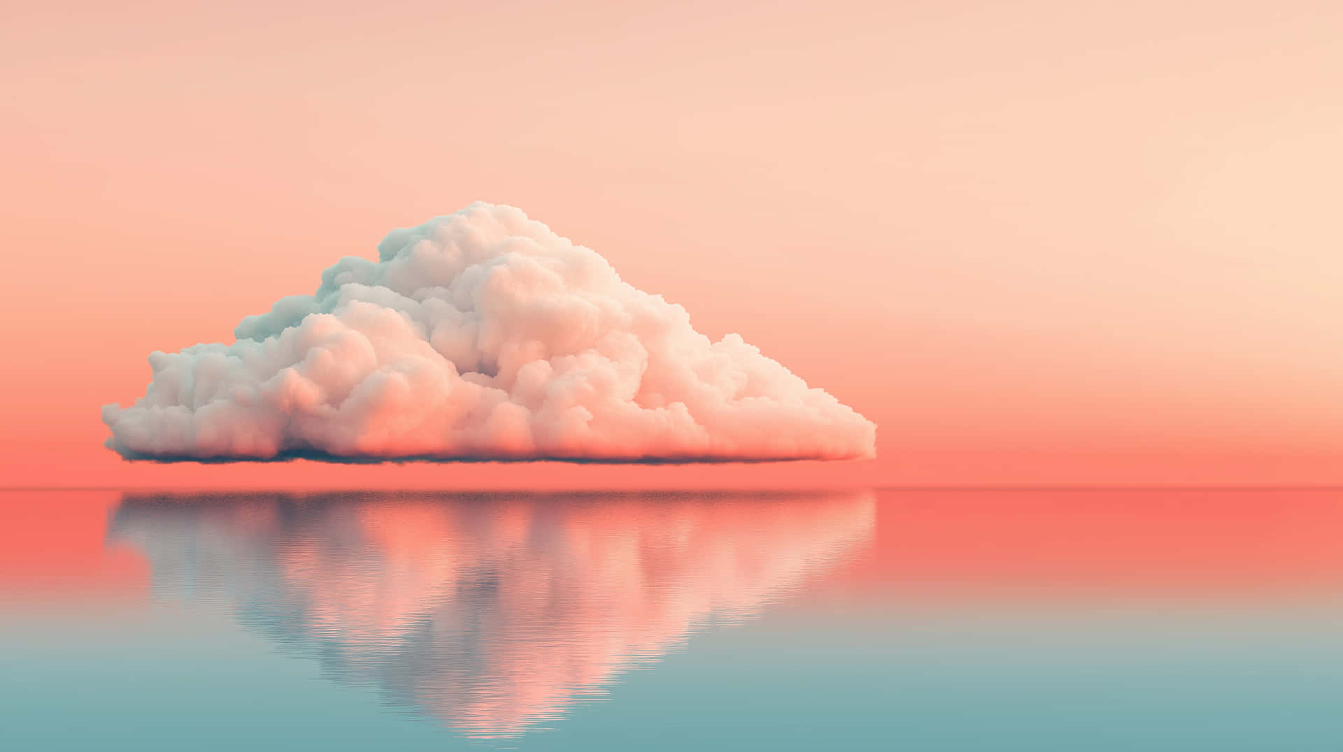 Peaceful Cloud Reflection Over Calm Ocean at Twilight 壁紙 — 一朵蓬鬆的雲朵靜靜地漂浮在平靜的水面上，水面映照出日落時分柔和的粉紅色和藍綠色調。