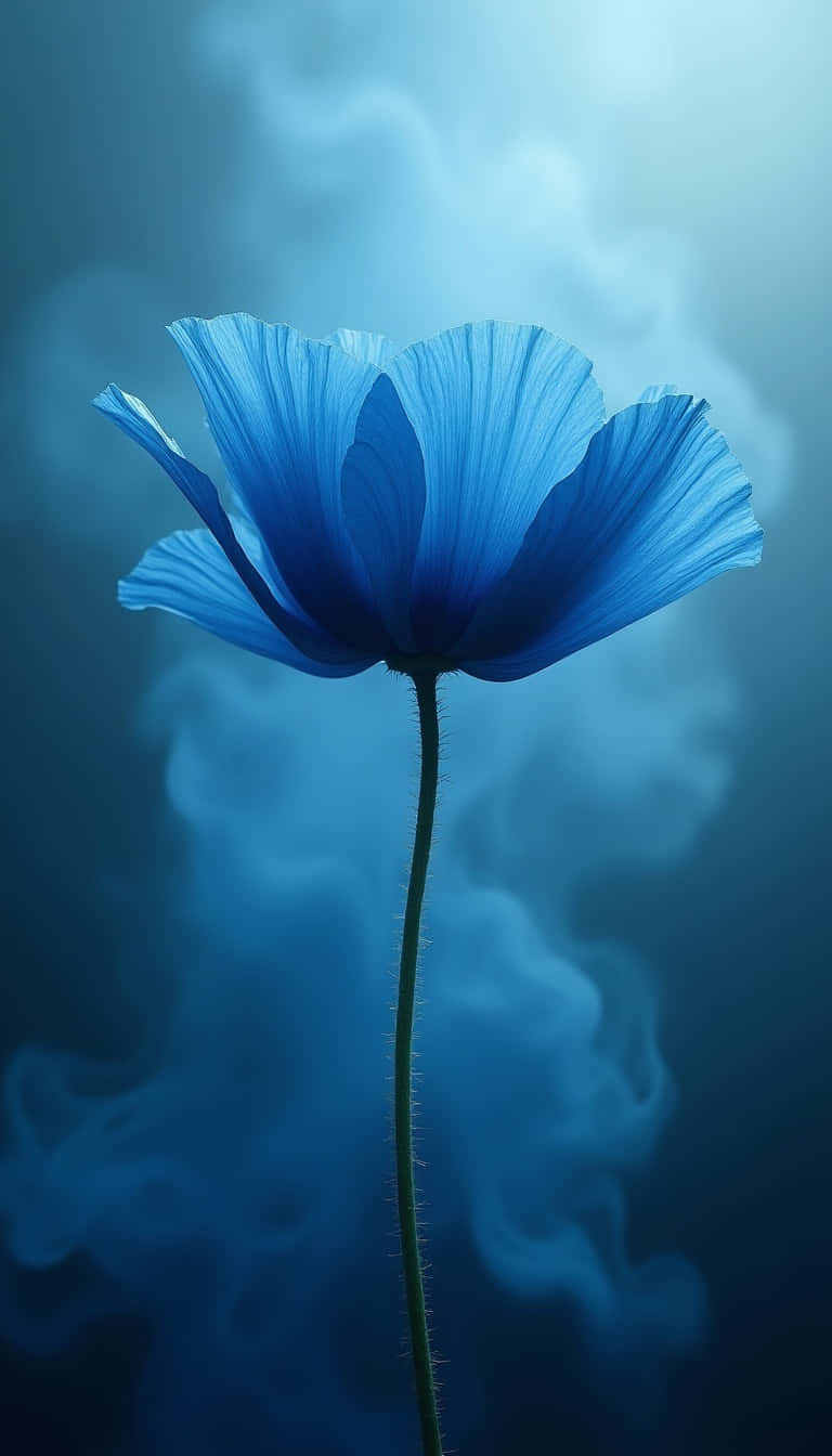 Flower 壁紙 — 一朵藍色罌粟花，帶有精緻的半透明花瓣，在旋轉的霧藍色背景中高高聳立。