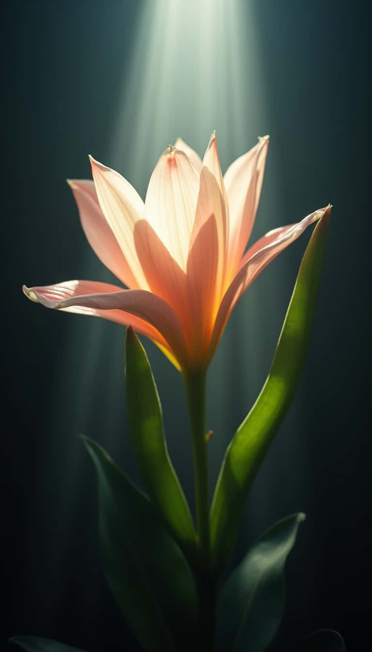 Flower 壁紙 — 一朵蜜桃百合在黑暗背景下，於神聖聚光燈下綻放。