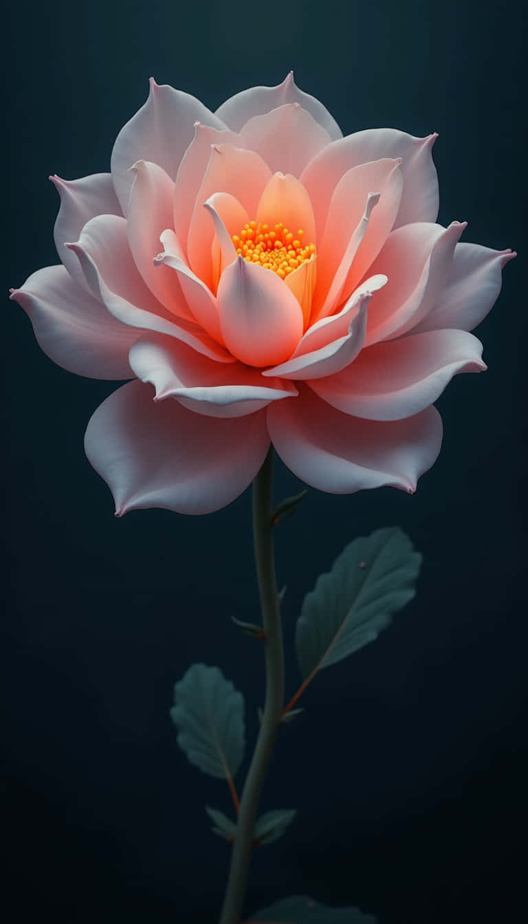 花卉 桌布 壁紙 — 一朵蜜桃色玫瑰在深色背景中柔和綻放，花心帶有發光的橙色雄蕊。