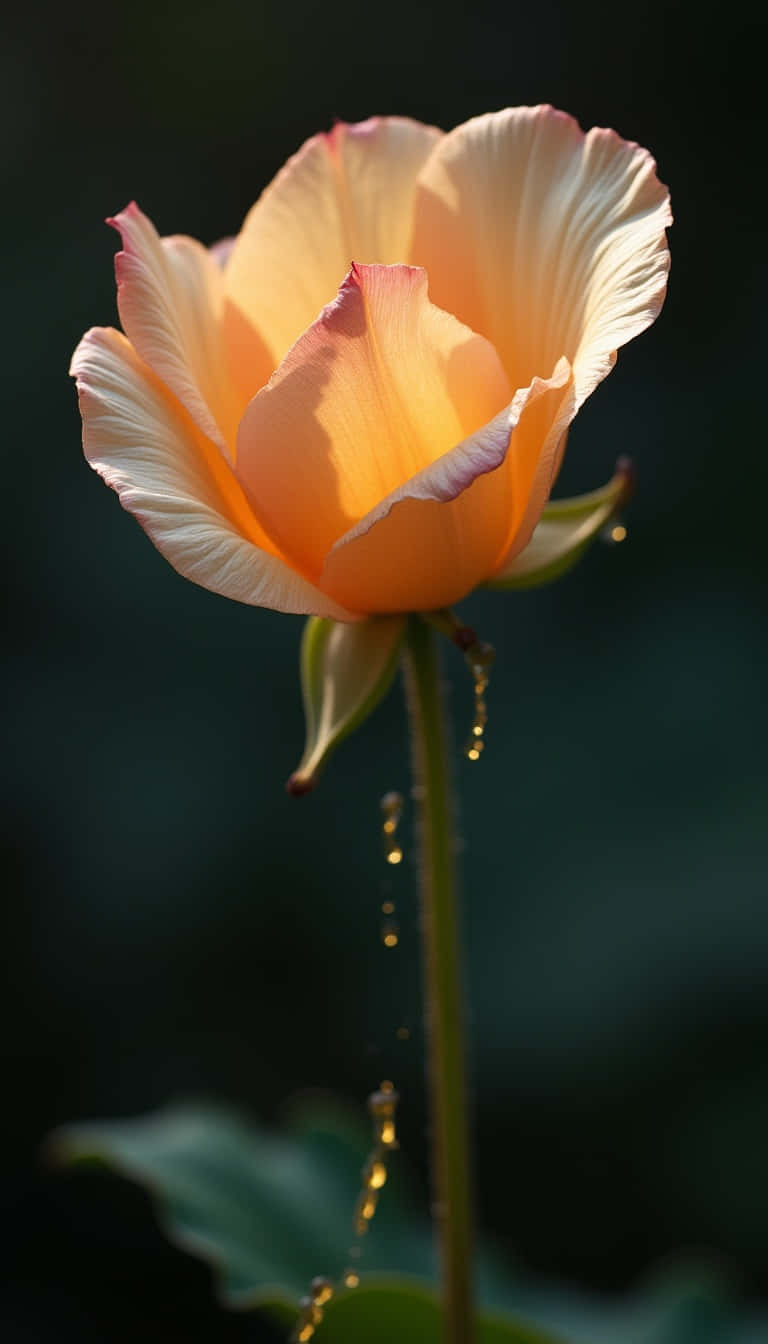Flower 壁紙 — 一朵蜜桃色玫瑰帶有露珠，在柔和光線下閃爍，襯托著黑暗模糊的背景。