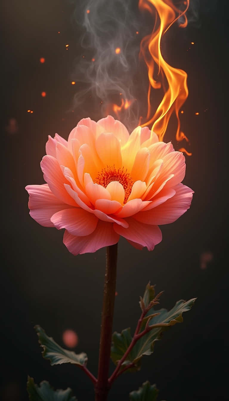 Flower 壁紙 — 一朵蜜桃色的牡丹盛開，火焰從其中心升起，背景為深色，帶有漂浮的餘燼。