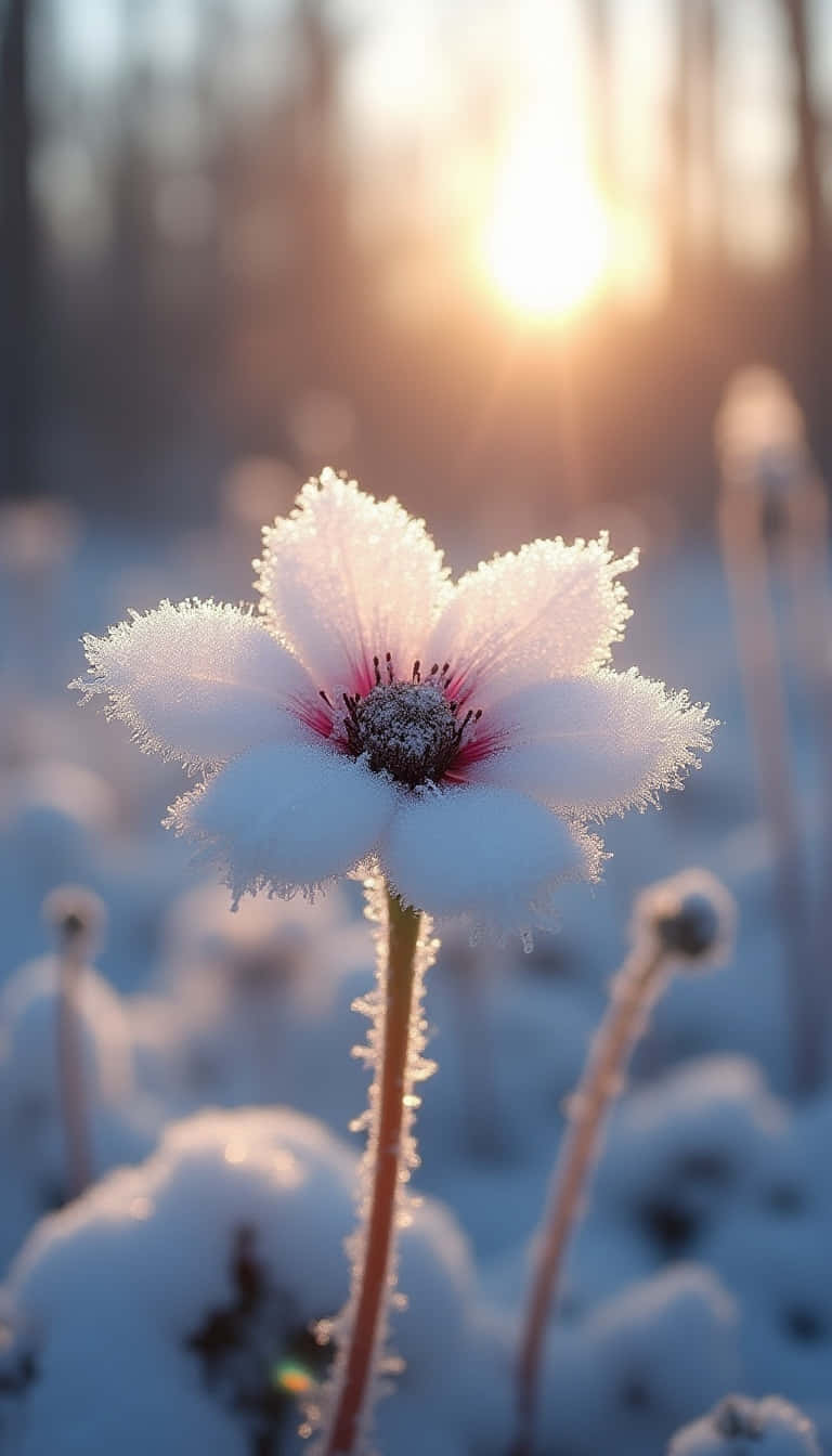 Flower 壁紙 — 一朵被霜覆蓋的白花在雪地中綻放，冬日陽光穿過光禿禿的樹木溫暖地照耀著。