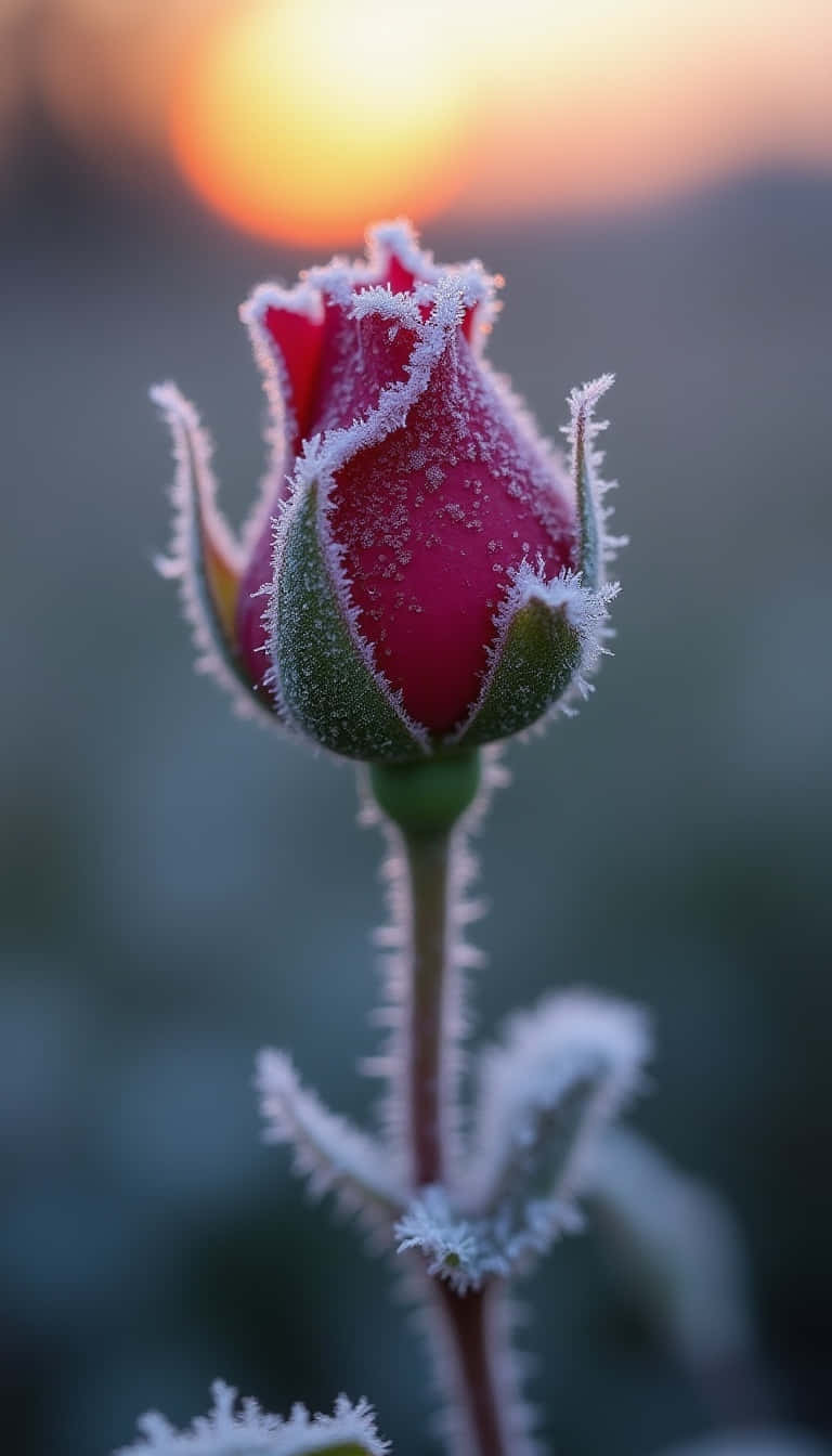 Flower 壁紙 — 一朵被霜覆蓋的紅色玫瑰花蕾，在柔和的日落天空下閃耀，下方是模糊的綠色植物。
