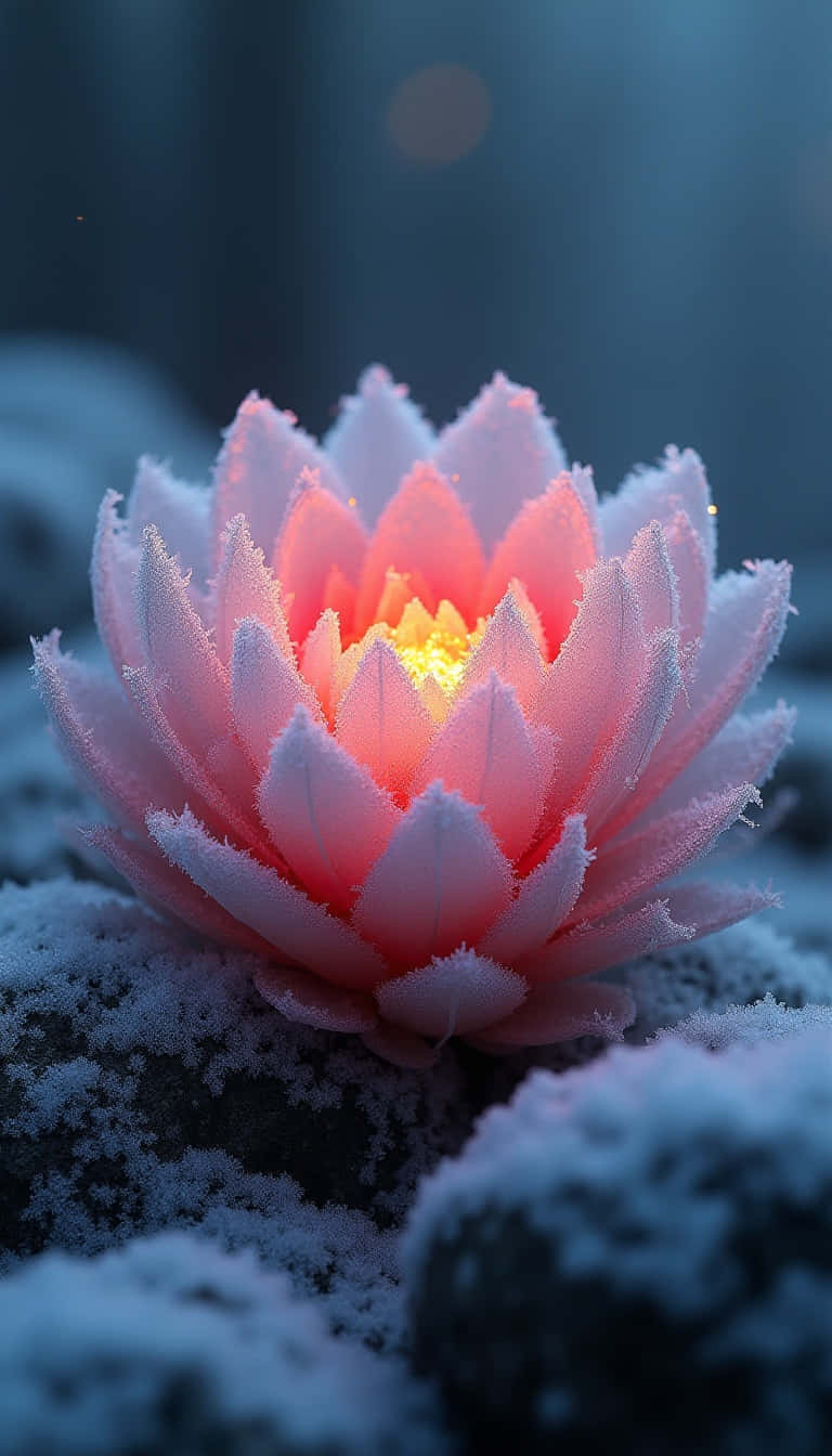 Flower 壁紙 — 一朵覆蓋著霜的粉紅色蓮花在冰冷的藍色雪景背景下從內部散發出溫暖的光芒。