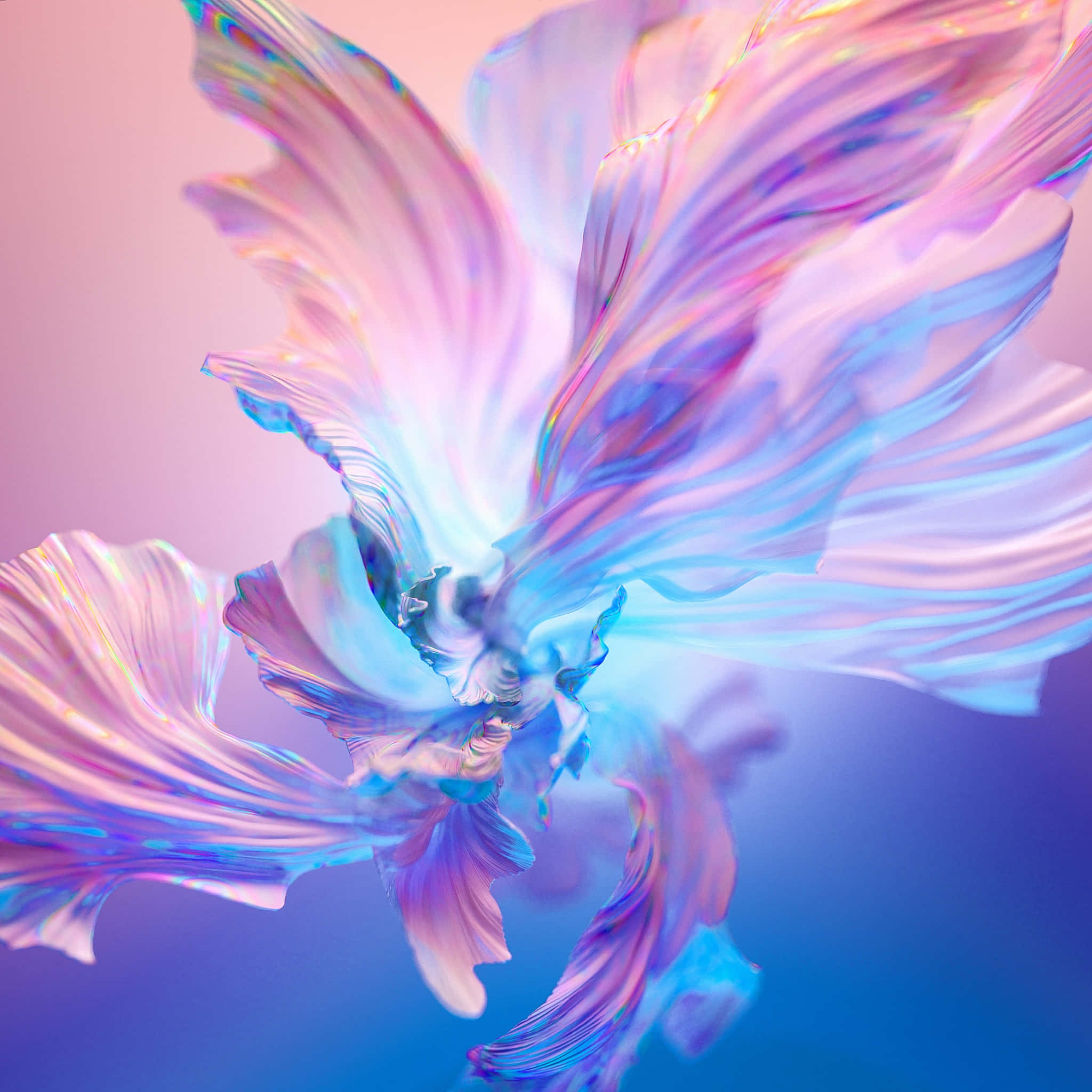 Beautiful Artistic 桌布 壁紙 — 一朵超現實的數位花朵，帶有虹彩花瓣，在漸層天空下以粉彩粉紅和藍色旋轉。