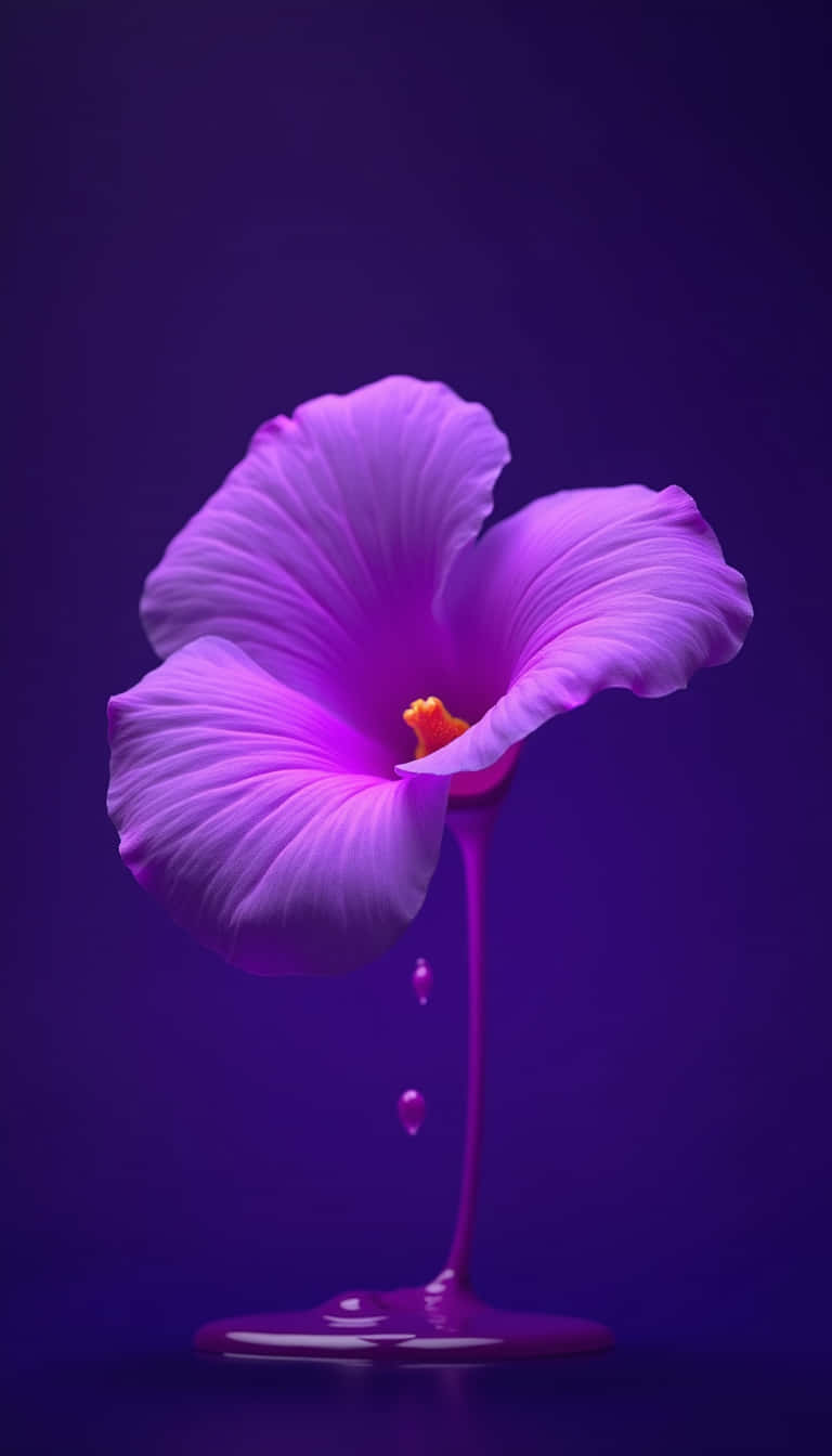 花卉 桌布 壁紙 — 一朵超現實的紫色花朵，花瓣融化，液體滴落在反射表面上，背景為深紫色。