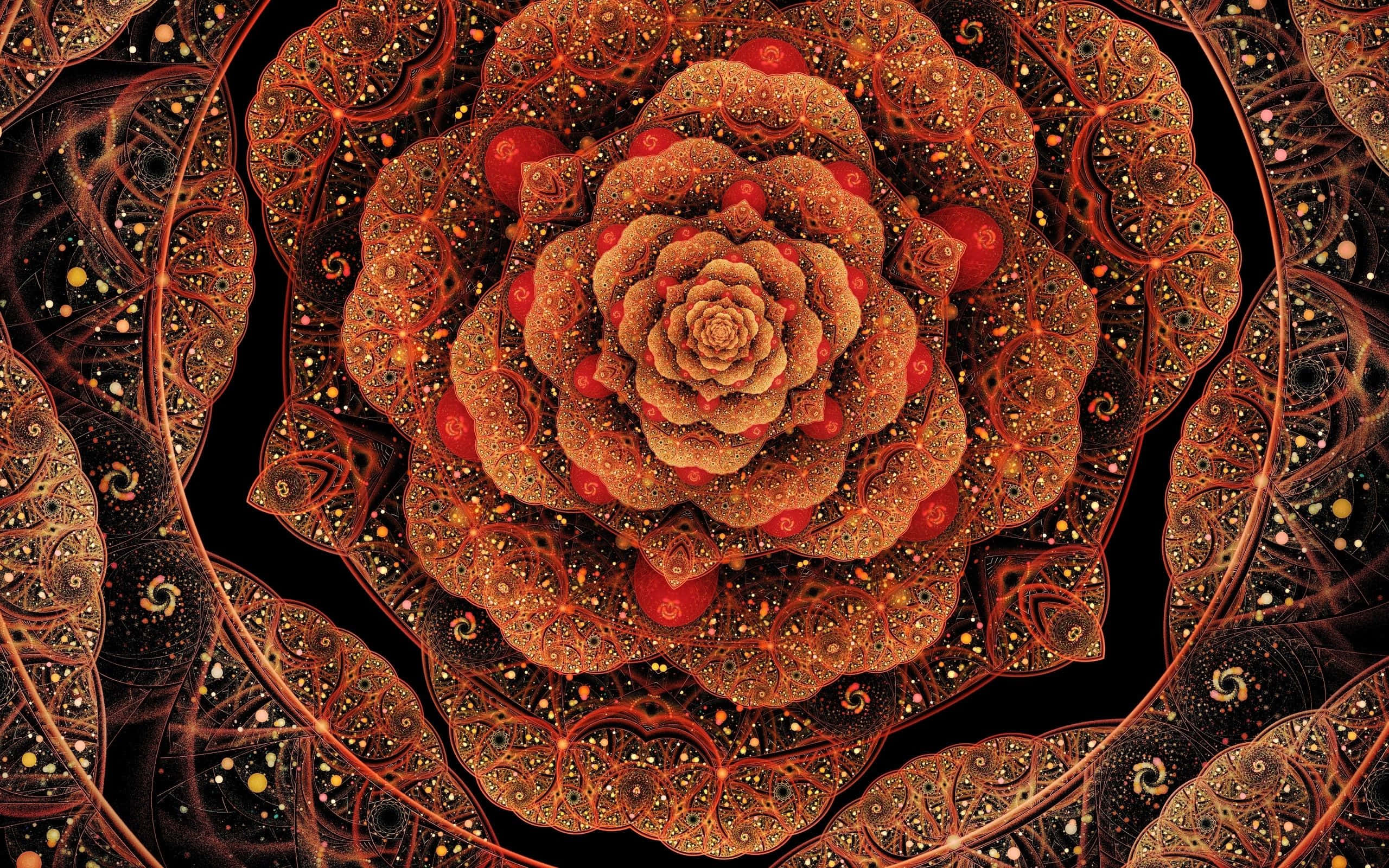 Psychedelic Flowers 桌布 壁紙 — 一朵迷人的碎形玫瑰，金色花瓣和紅色點綴，在深色背景上向內螺旋。