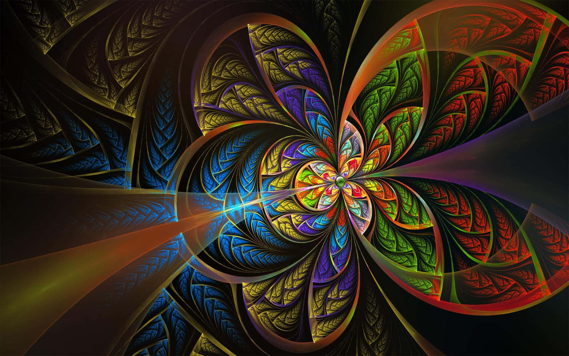3d Abstract 桌布 壁紙 — 一朵迷人的碎形花，在深色背景上呈現鮮豔彩虹色調的旋轉花瓣。