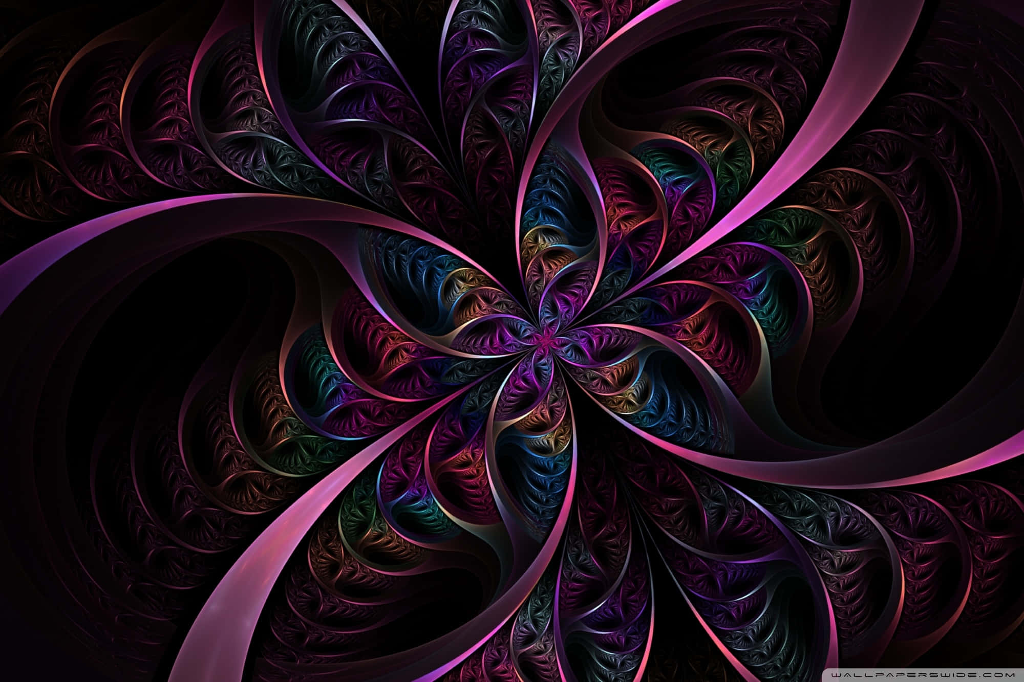 Psychedelic Colors 桌布 壁紙 — 一朵迷人的碎形花，帶有從黑暗中心散發出的旋轉紫色、藍綠色和洋紅色卷鬚。