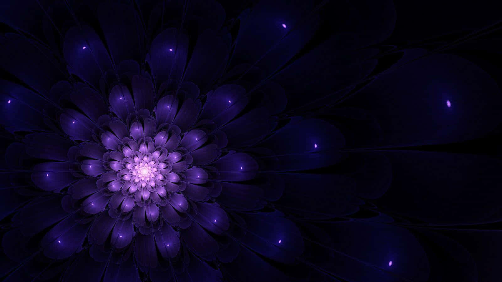 Indigo Aesthetic 桌布 壁紙 — 一朵迷人的碎形花朵在深黑色背景上散發出發光的紫色色調。