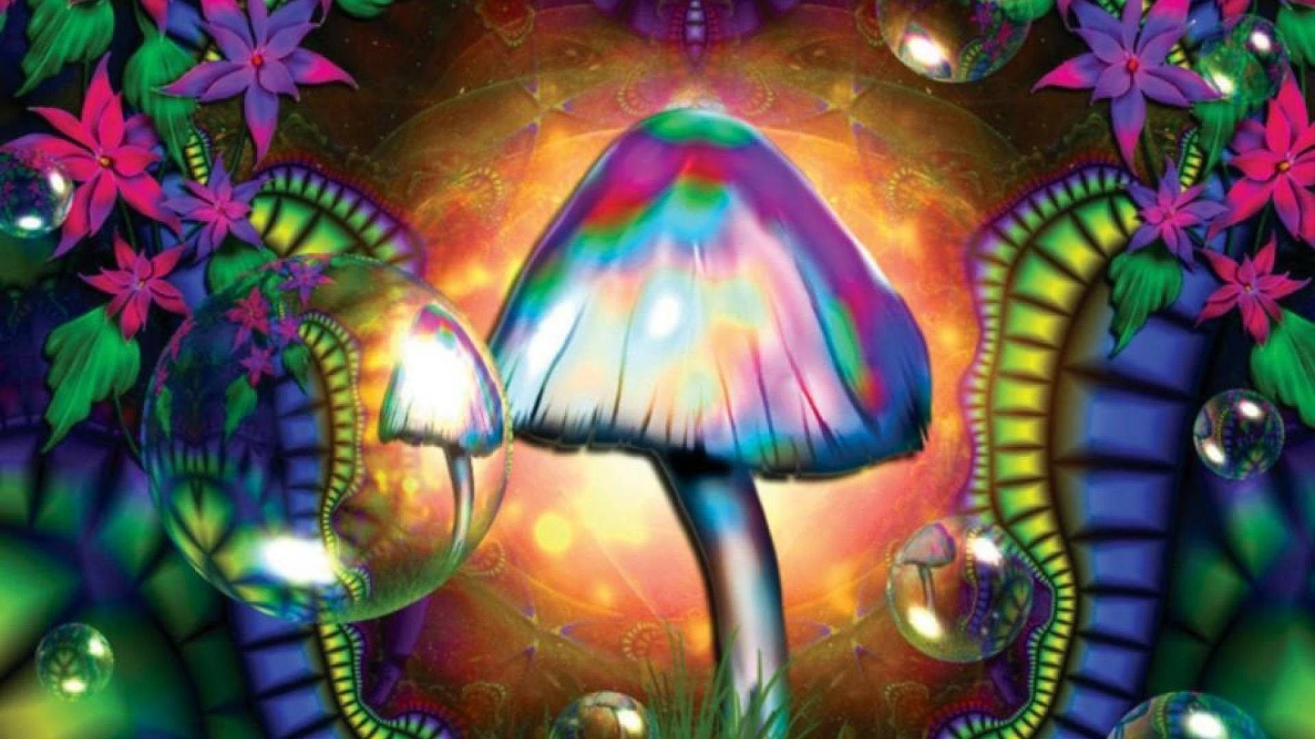 chill stoner 桌布 壁紙 — 一朵迷幻彩虹蘑菇在漂浮的泡泡和鮮豔花朵中發光，構成超現實的奇幻場景。