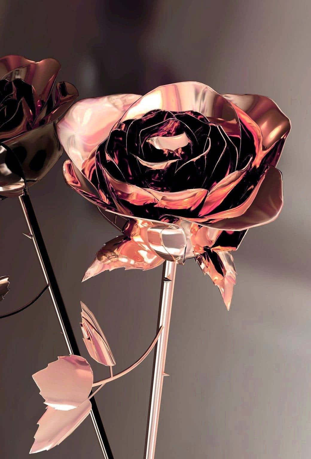 Aesthetic Rose 桌布 壁紙 — 一朵金屬玫瑰，帶有玫瑰金花瓣和黑色中心，在柔和的灰色背景上閃耀。