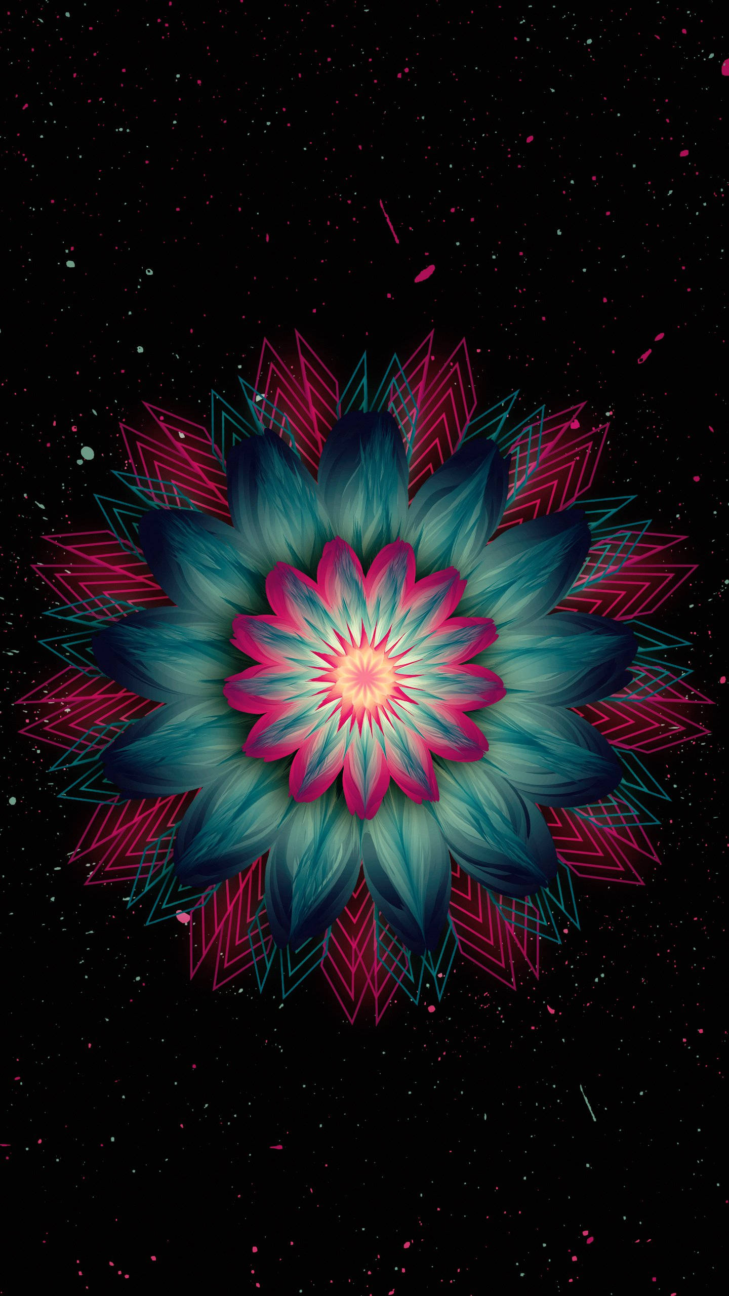 AMOLED 桌布 壁紙 — 一朵閃耀的幾何花朵，帶有青綠色和粉紅色的花瓣，在繁星點點的宇宙黑色背景上綻放。