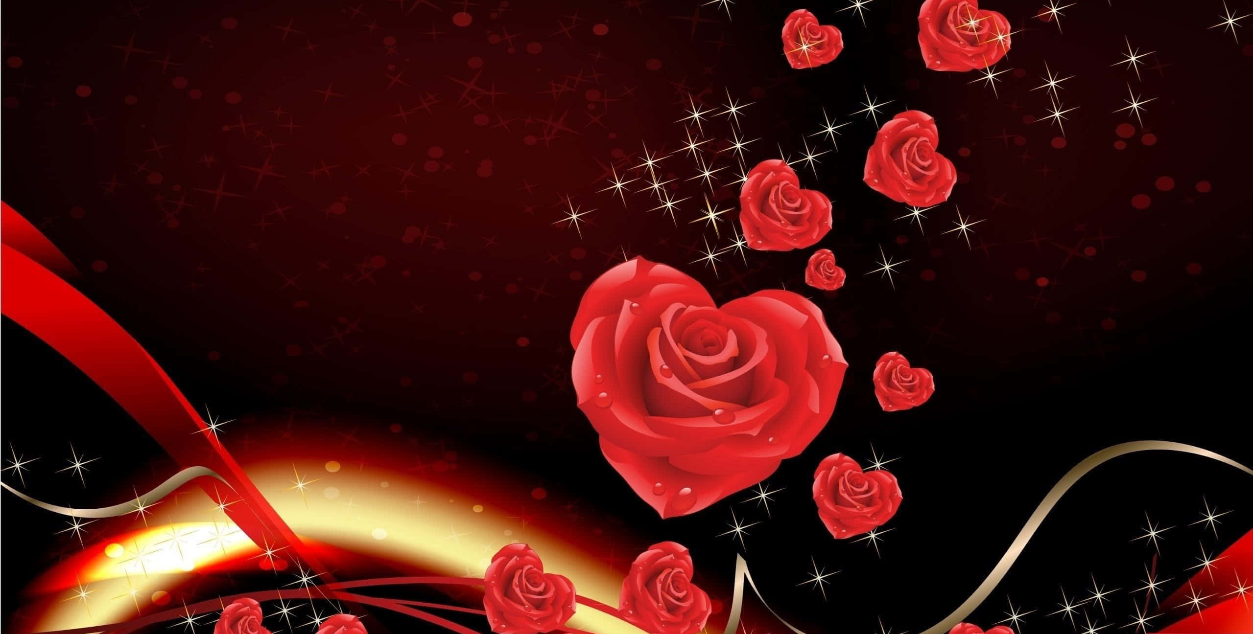 Rose Heart 桌布 壁紙 — 一朵閃耀的紅玫瑰，形狀像心臟，漂浮在閃爍的星星和飄逸的絲帶之間，背景是深紅色的。