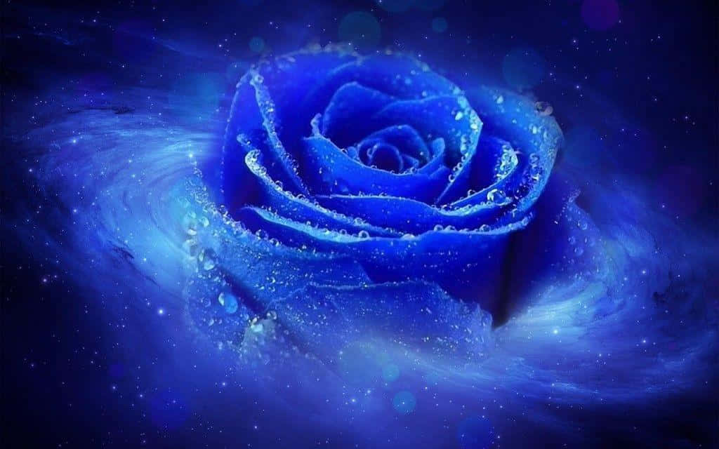 Pretty Aesthetic Computer 桌布 壁紙 — 一朵閃耀的藍玫瑰漂浮在旋轉的宇宙星雲和發光的星星之間，構成夢幻般的天體場景。