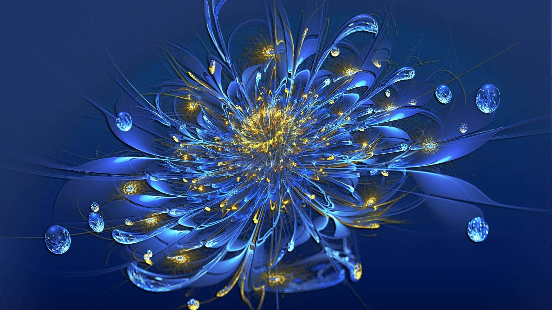 3d Abstract 桌布 壁紙 — 一朵閃耀的藍色碎形花，帶有發光的金色中心和水滴點綴，在深藍色背景上綻放。
