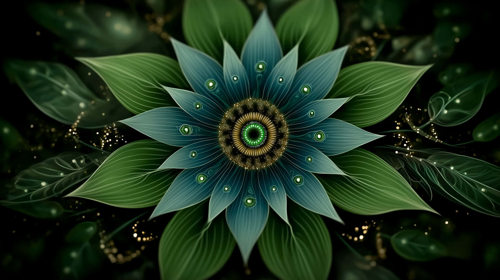 Zen-Inspired Fractal Flower with Intricate Details 壁紙 — 一朵閃耀的藍色花朵，帶有發光的綠色眼睛和金色中心，被茂密的綠葉環繞，背景為深色。