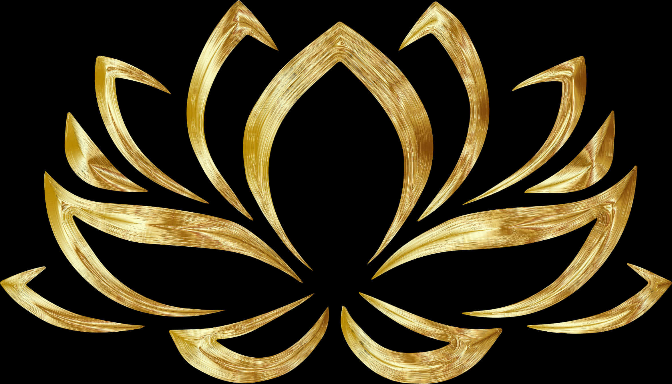 lotus 桌布 壁紙 — 一朵閃耀的金色蓮花，花瓣流暢，在純黑背景中發光。