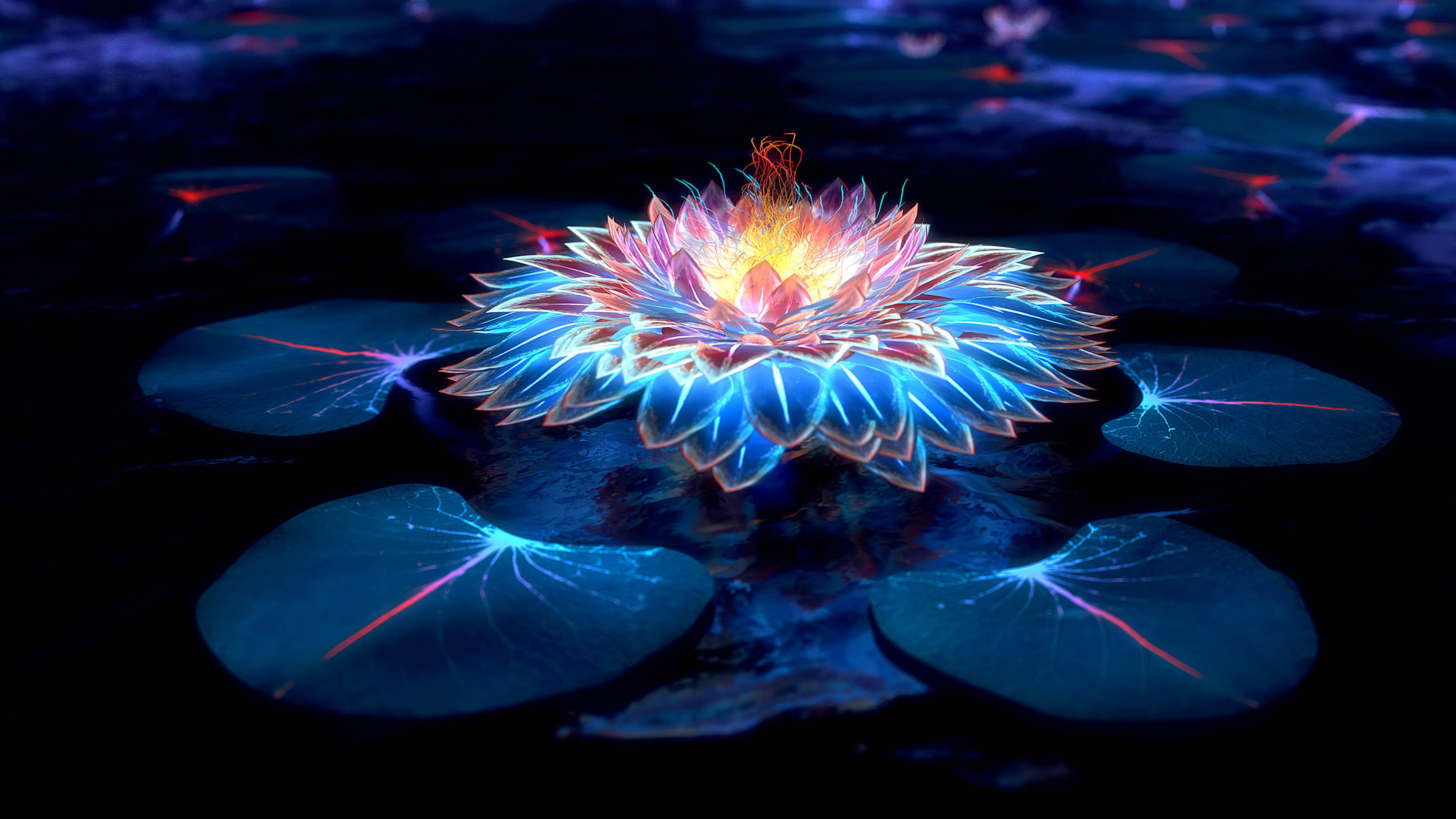 lotus 桌布 壁紙 — 一朵閃耀的霓虹蓮花在黑暗的水面上綻放，帶有電光藍和粉紅色調，周圍環繞著發光的睡蓮葉。