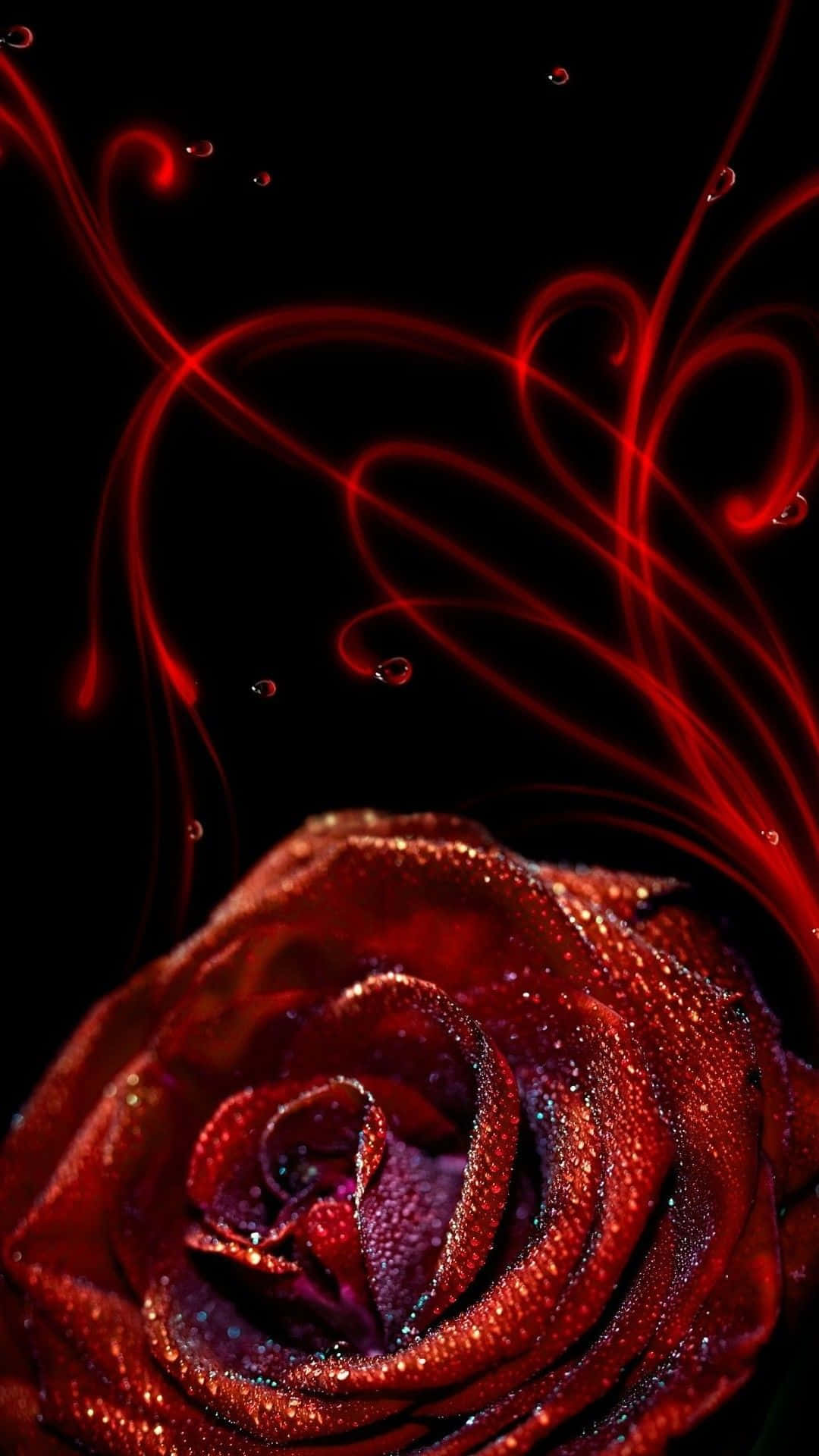 iPhone X Roses 桌布 壁紙 — 一朵閃閃發光的紅玫瑰帶著露珠，在黑色背景上綻放，背景點綴著發光的紅色漩渦和漂浮的水滴。