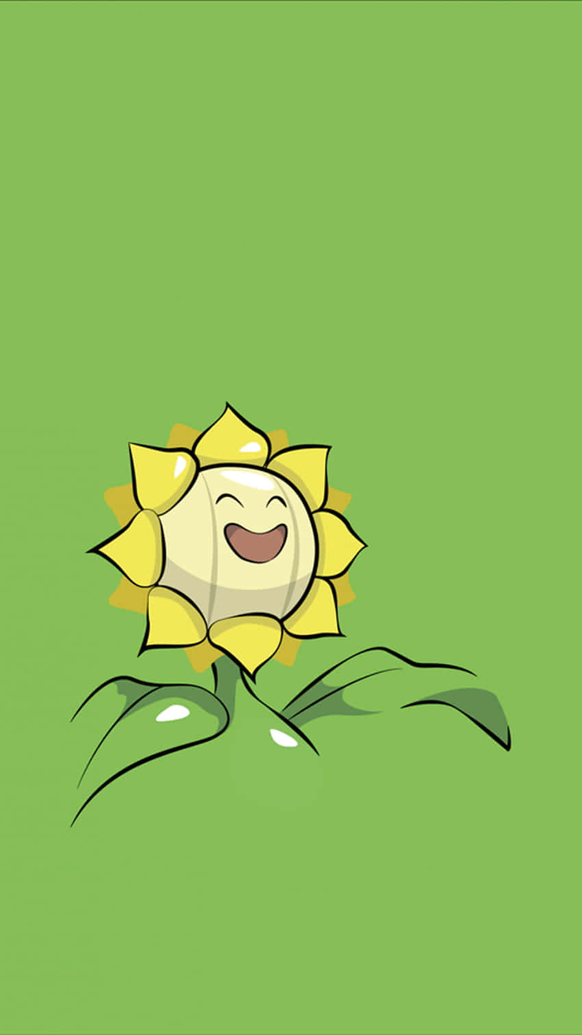 寶可夢 桌布 壁紙 — 一朵開心的卡通向日葵，帶著燦爛的笑容和黃色花瓣，在純綠色背景上綻放。
