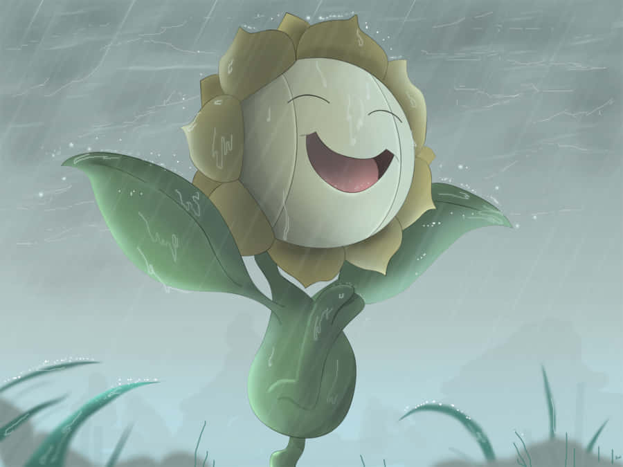Raining 桌布 壁紙 — 一朵開心的卡通花，咧嘴大笑，閉著眼睛，在溫和的暴雨中歡快地笑著。