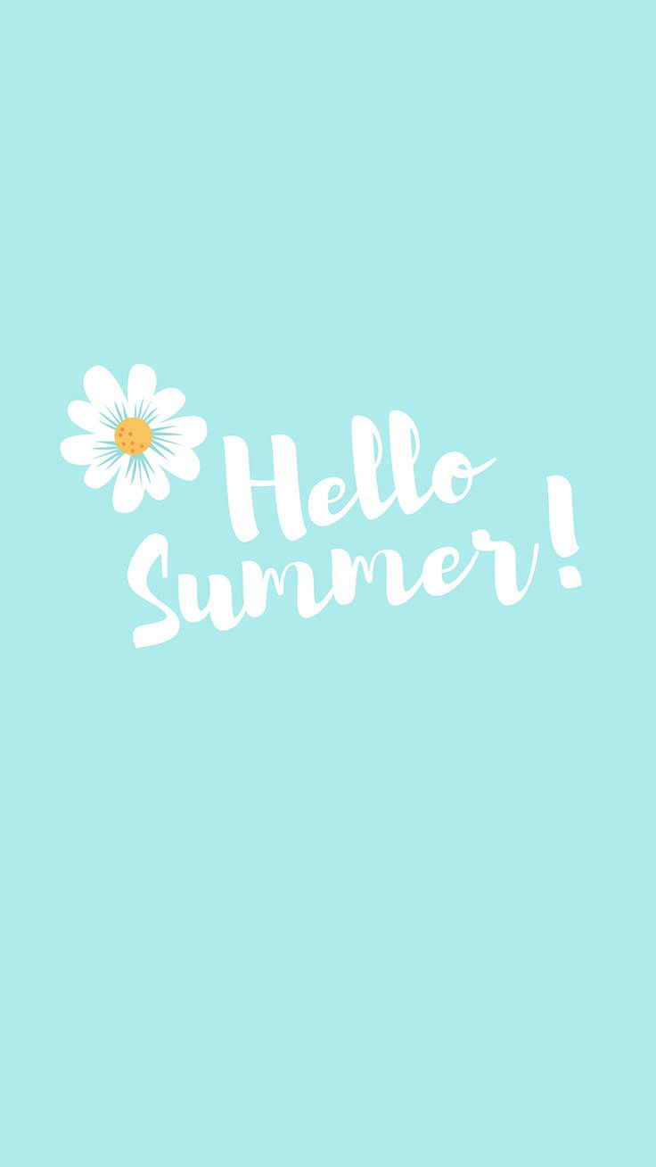 Hello 桌布 壁紙 — 一朵開朗的白雛菊和草書 'Hello Summer!' 文字漂浮在柔和的薄荷綠色背景上。