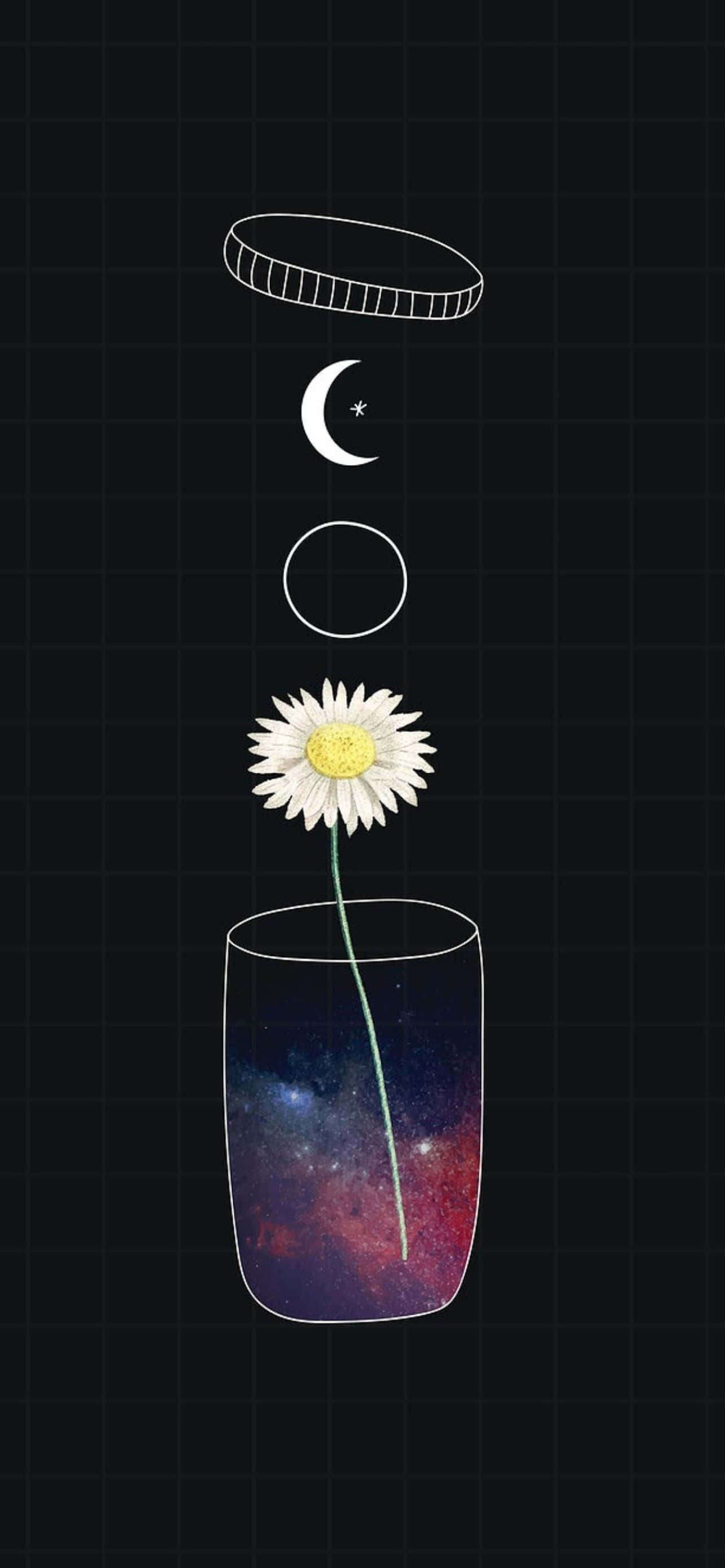 酷炫iPhone 桌布 壁紙 — 一朵雛菊在宇宙星系花瓶內，帶有漂浮的月亮、星星和蓋子，背景為深色網格。
