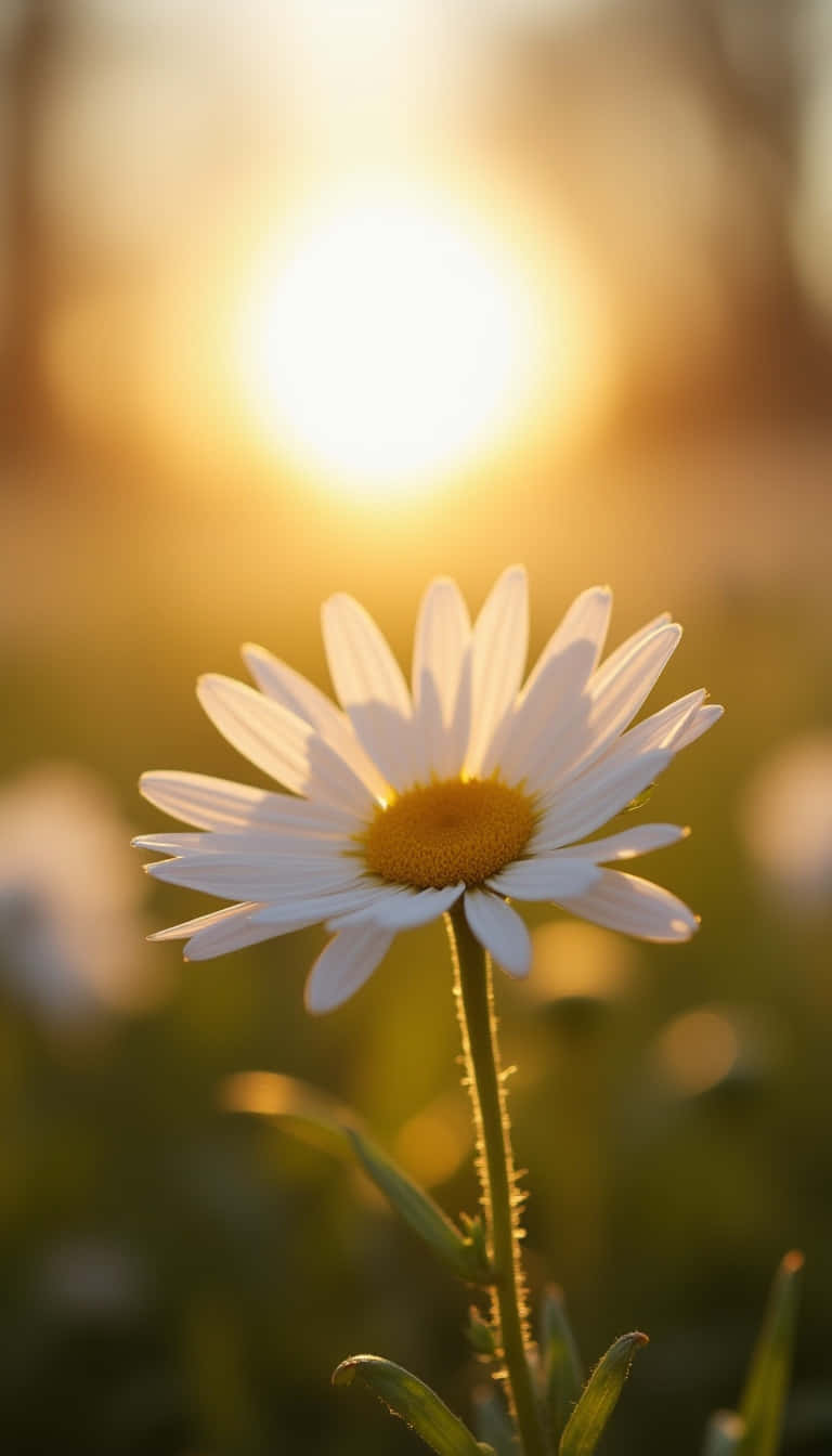 Flower 壁紙 — 一朵雛菊在金色陽光下綻放，背景柔和模糊，色調溫暖。