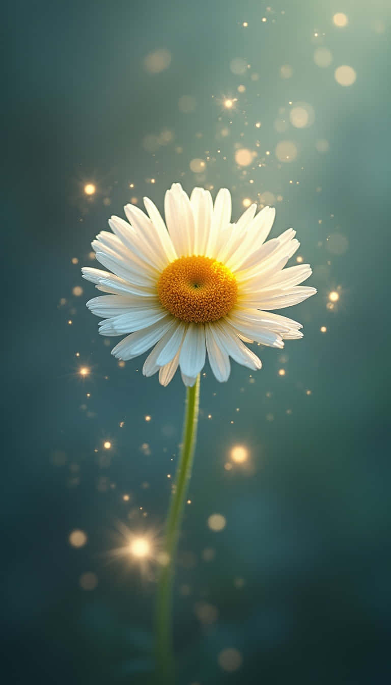 Flower 壁紙 — 一朵雛菊帶有發光的金色閃爍，漂浮在柔和青綠色背景上，沐浴在溫暖的逆光中。