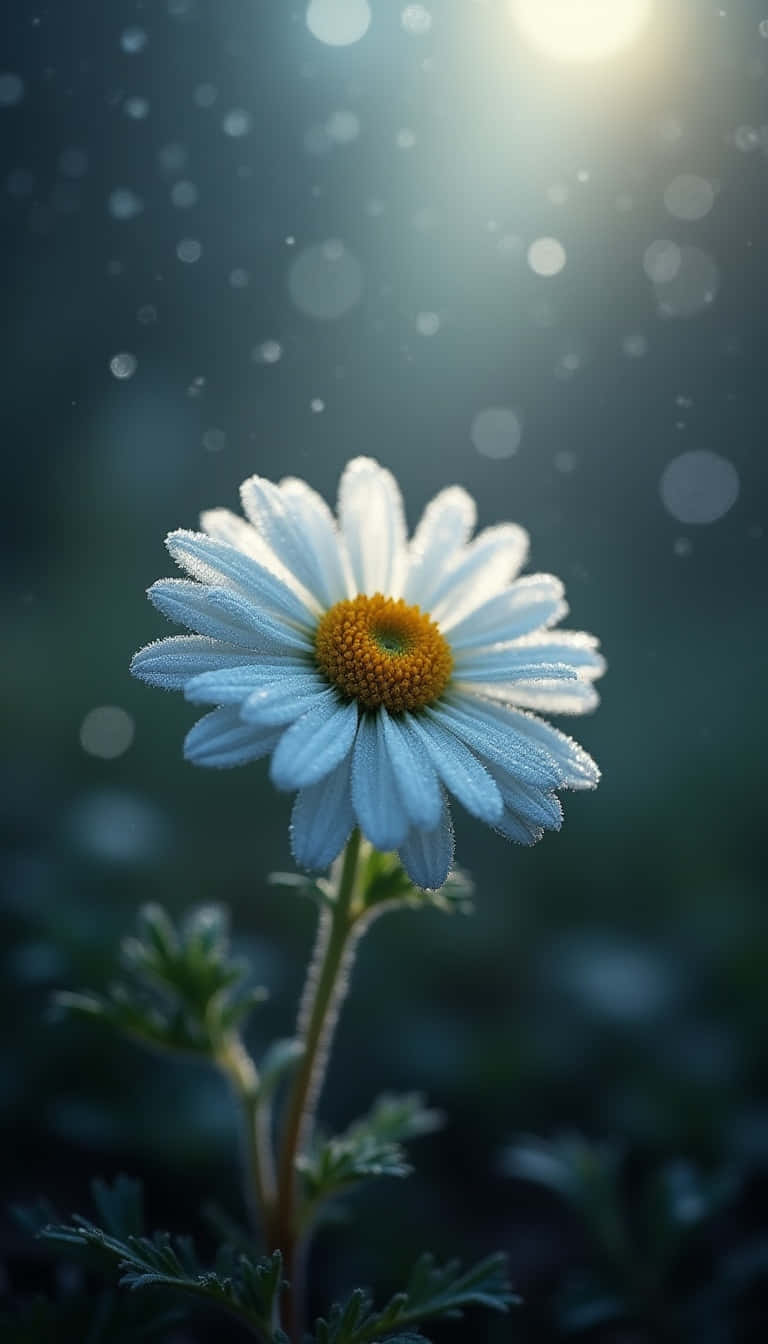 Flower 壁紙 — 一朵雛菊帶著露珠，在柔和逆光下閃爍，襯托著黑暗模糊的背景。
