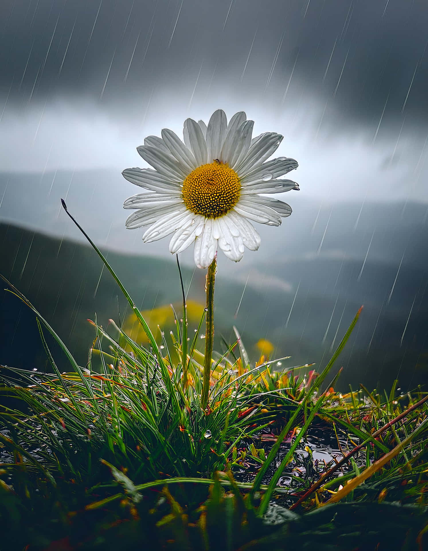 The Elegance of Daisy in the Rain 壁紙 — 一朵雛菊帶著露珠，在雨暴中堅韌地挺立，背景是霧氣瀰漫的山巒。