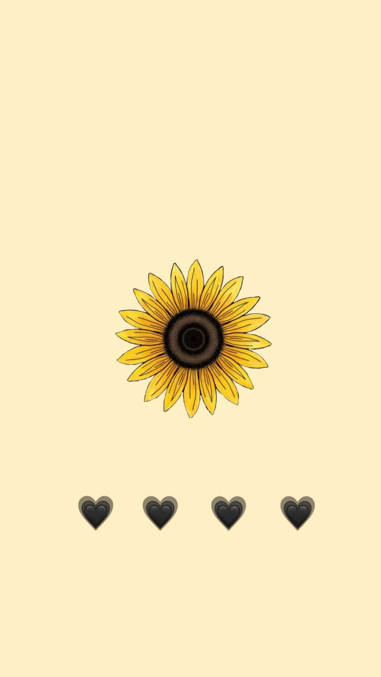 Sunflower Aesthetic iPhone 桌布 壁紙 — 一朵風格化的向日葵，帶有鮮豔的黃色花瓣和深色中心，漂浮在四個黑色小愛心之上，背景為柔和的奶油色。