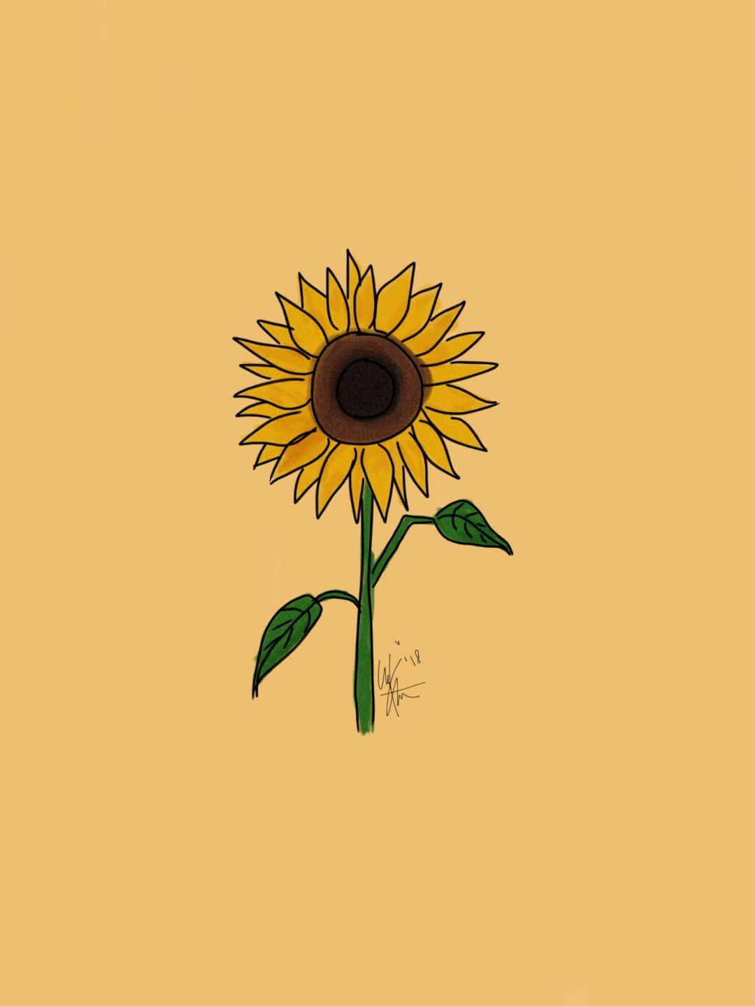 Yellow Sunflower Aesthetic 桌布 壁紙 — 一朵風格化的向日葵，帶有鮮黃色花瓣和綠色莖，獨自站在純芥末色背景上。