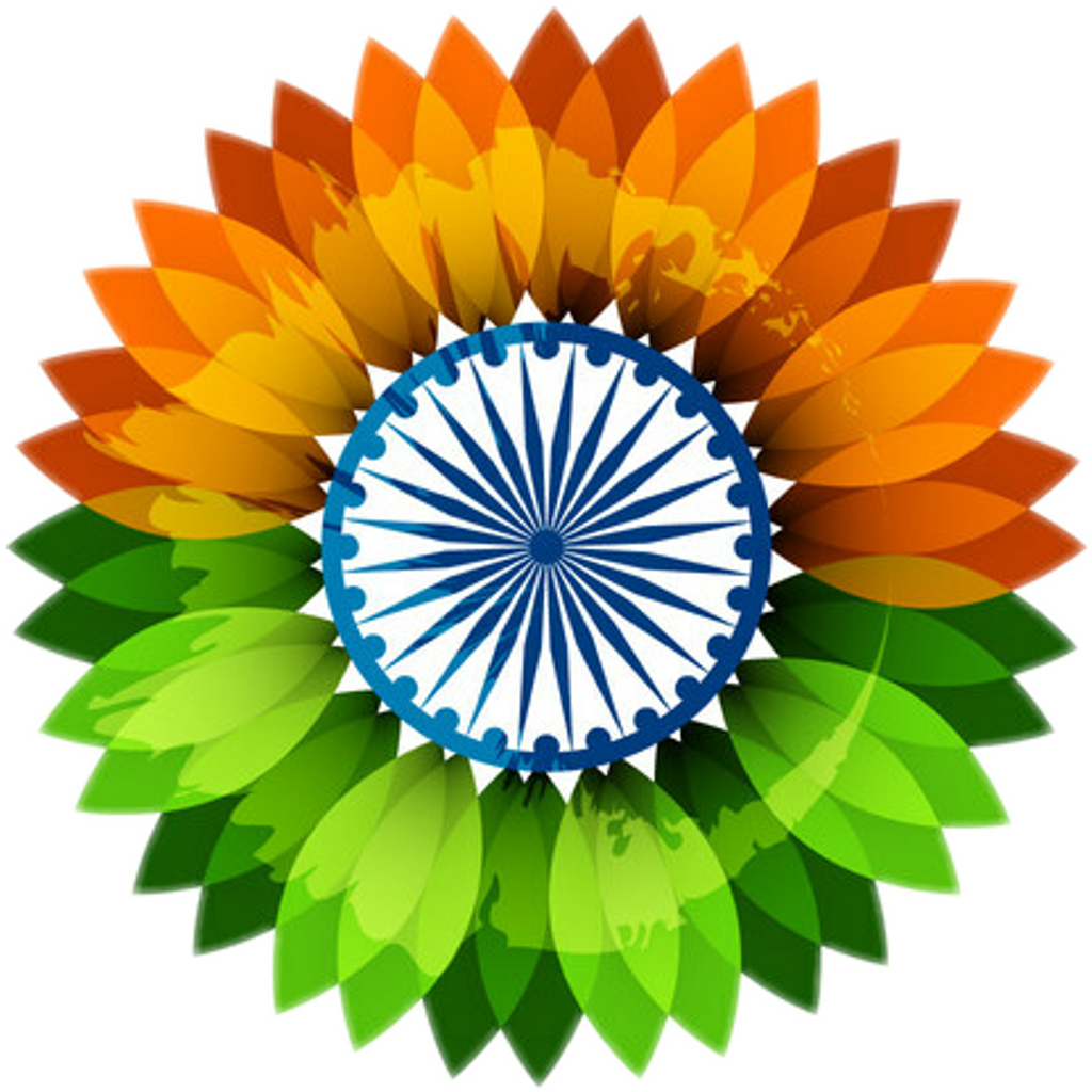 Indian Independence Day 桌布 壁紙 — 一朵風格化的向日葵，橙色和綠色的花瓣環繞著白色中心上的藍色阿育王法輪。