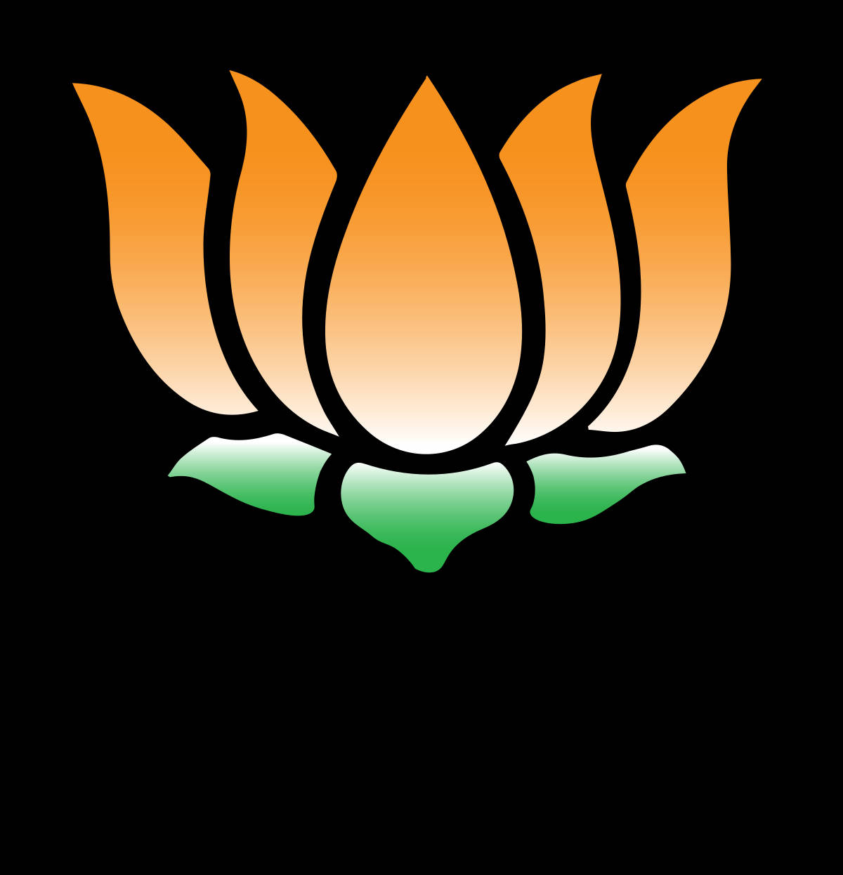 Bjp 桌布 壁紙 — 一朵風格化的橙色和綠色蓮花，帶有粗黑色輪廓，置於純黑色背景上。
